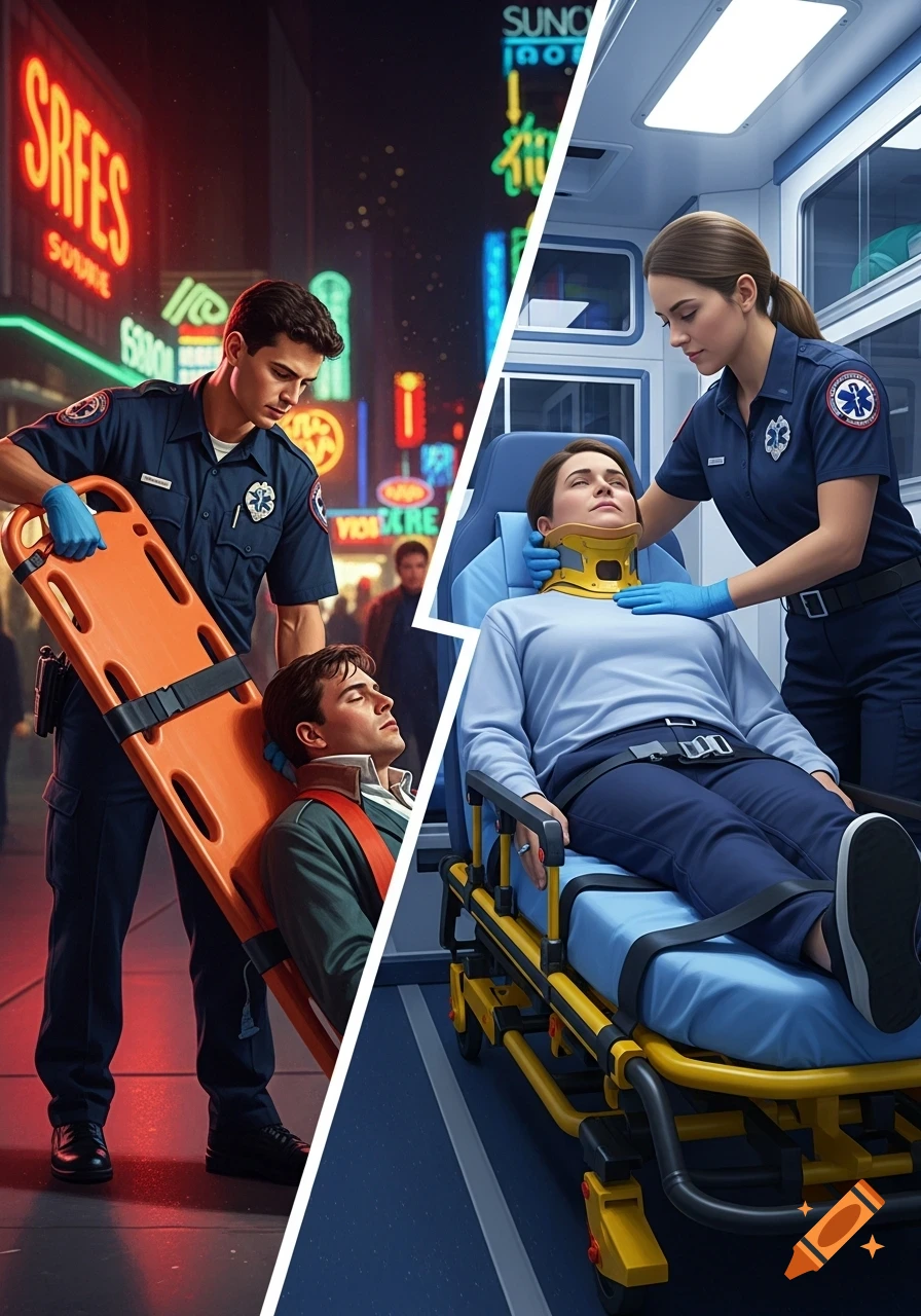 A split image shows a paramedic from the 1990s securing a patient on a rigid backboard, contrasted with a modern paramedic attending a patient on a cushioned stretcher with a cervical collar.