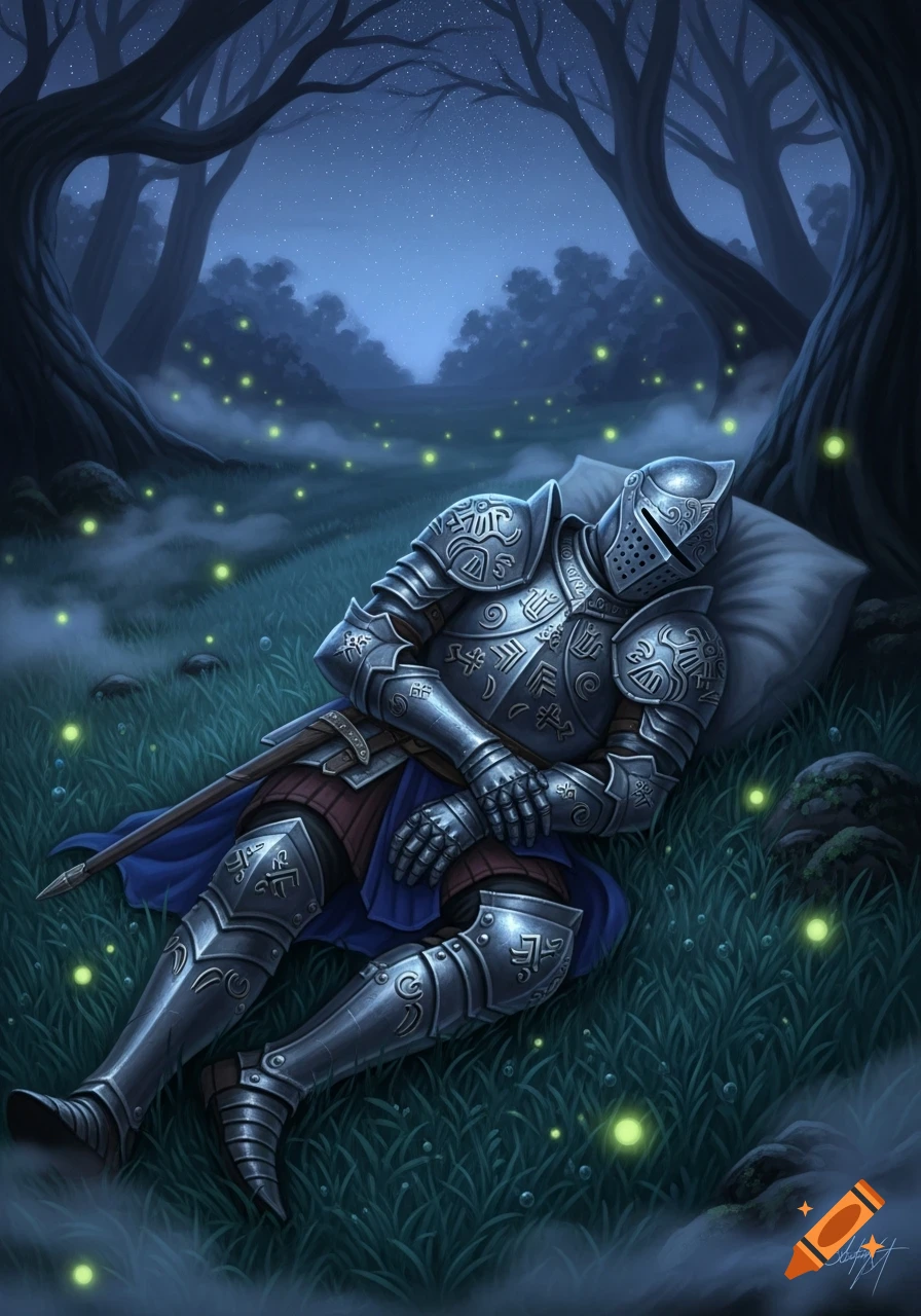 A knight in ornate armor sleeps peacefully on a pillow in a dark, mystical forest under a starry sky with glowing fireflies.