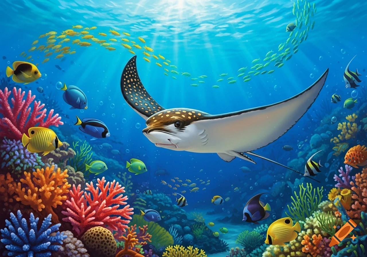 A vibrant illustration of an eagle ray swimming among colorful fish and coral in a sunlit blue ocean.