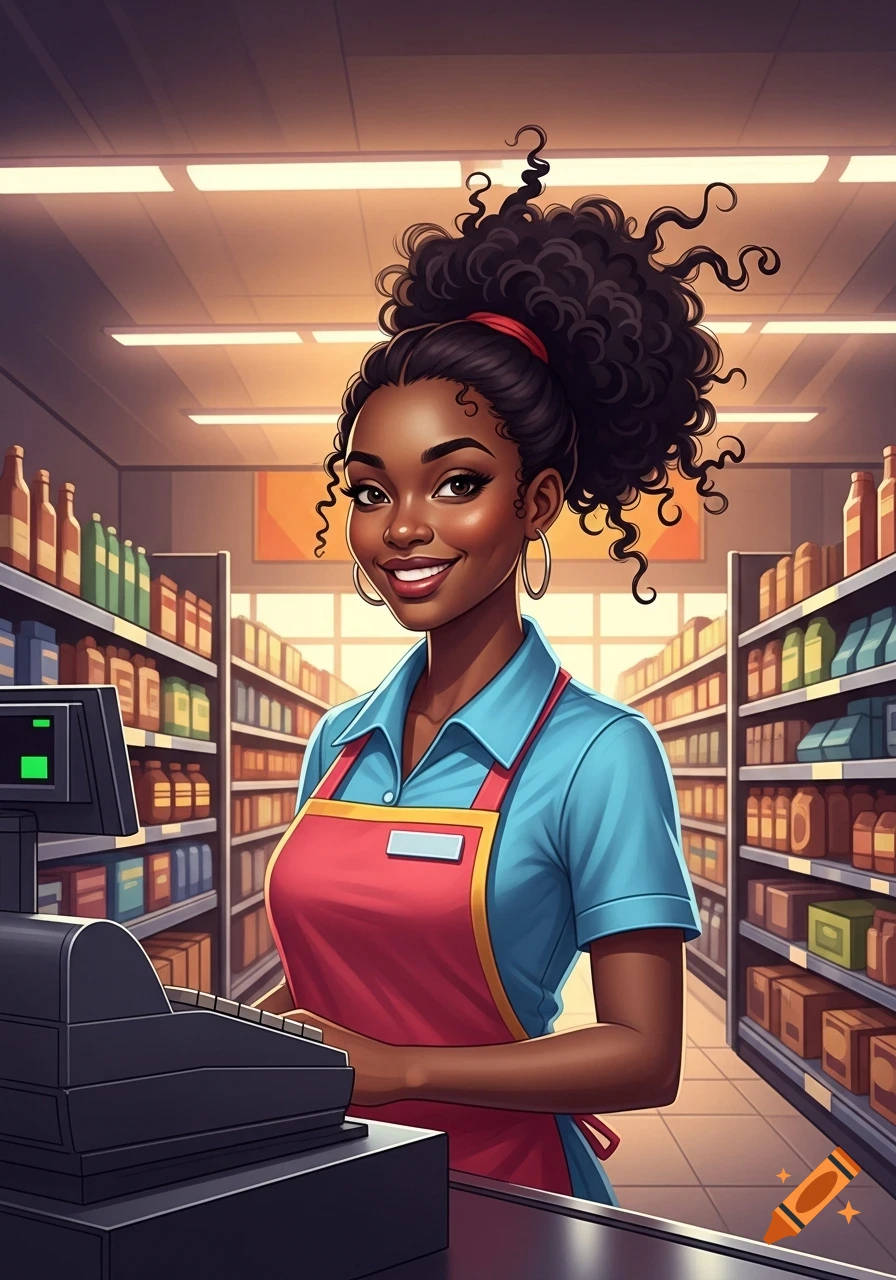 A smiling Black woman with a curly afro ponytail working as a cashier in a brightly lit cartoon supermarket.