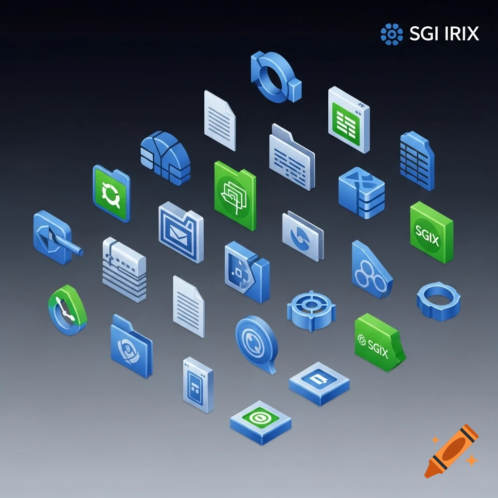 A collection of various blue and green isometric icons on a dark background, featuring SGI IRIX branding.