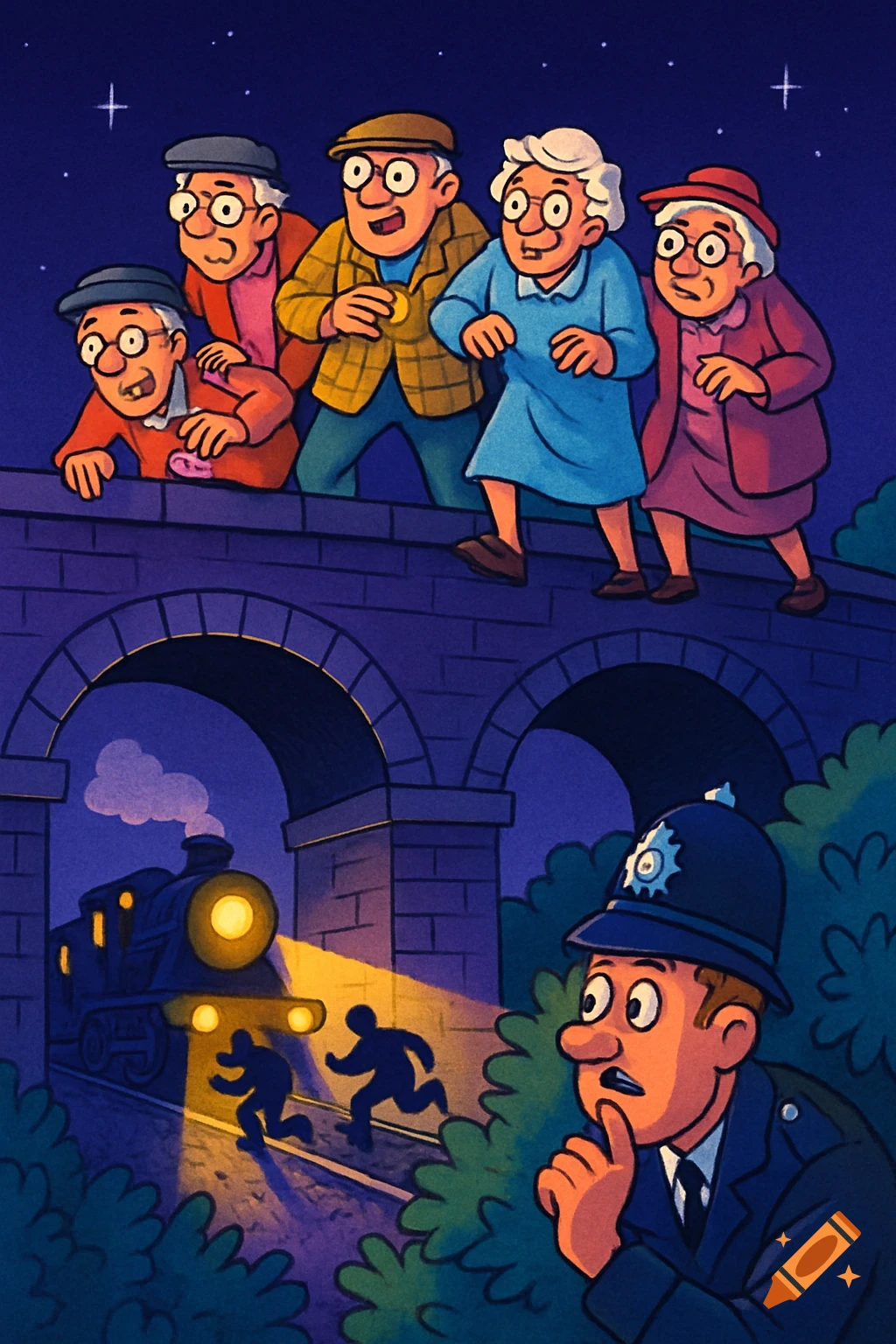 Cartoon illustration of elderly people on a railway bridge at night, watching a train robbery below, while a police officer hides in bushes.