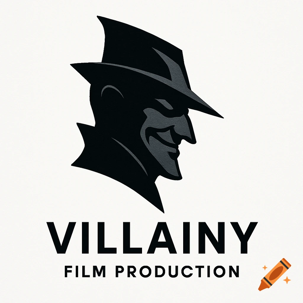 A black and gray stylized logo of a villain's head in a fedora, with the text "VILLAINY FILM PRODUCTION" below.