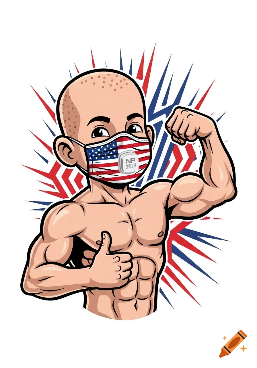 A bald, muscular cartoon boy wearing an American flag N95 mask, giving a thumbs-up and flexing a bicep, against a red and blue starburst background.