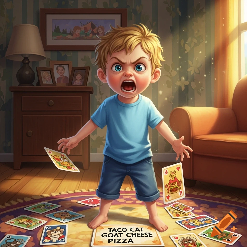 Angry blonde boy yells in a cartoon living room, surrounded by cards from the Taco Cat Goat Cheese Pizza game.