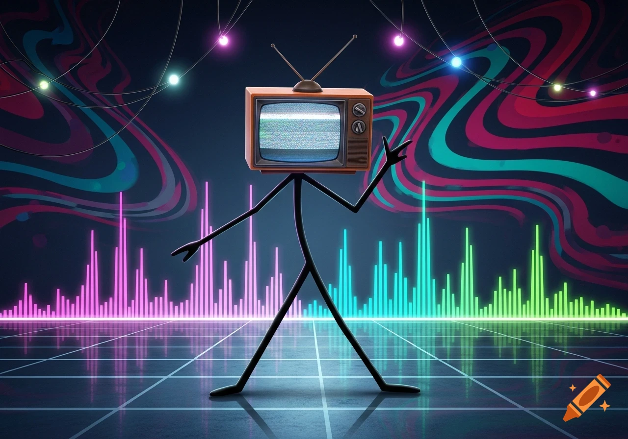 A stickman with an old TV for a head poses on a neon grid floor with colorful sound waves and string lights in a synthwave style.