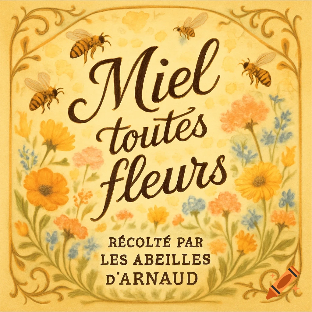 Vintage illustration of a honey label with bees, flowers, and the text 'Miel toutes fleurs' and 'Récolté par les abeilles d'Arnaud'.