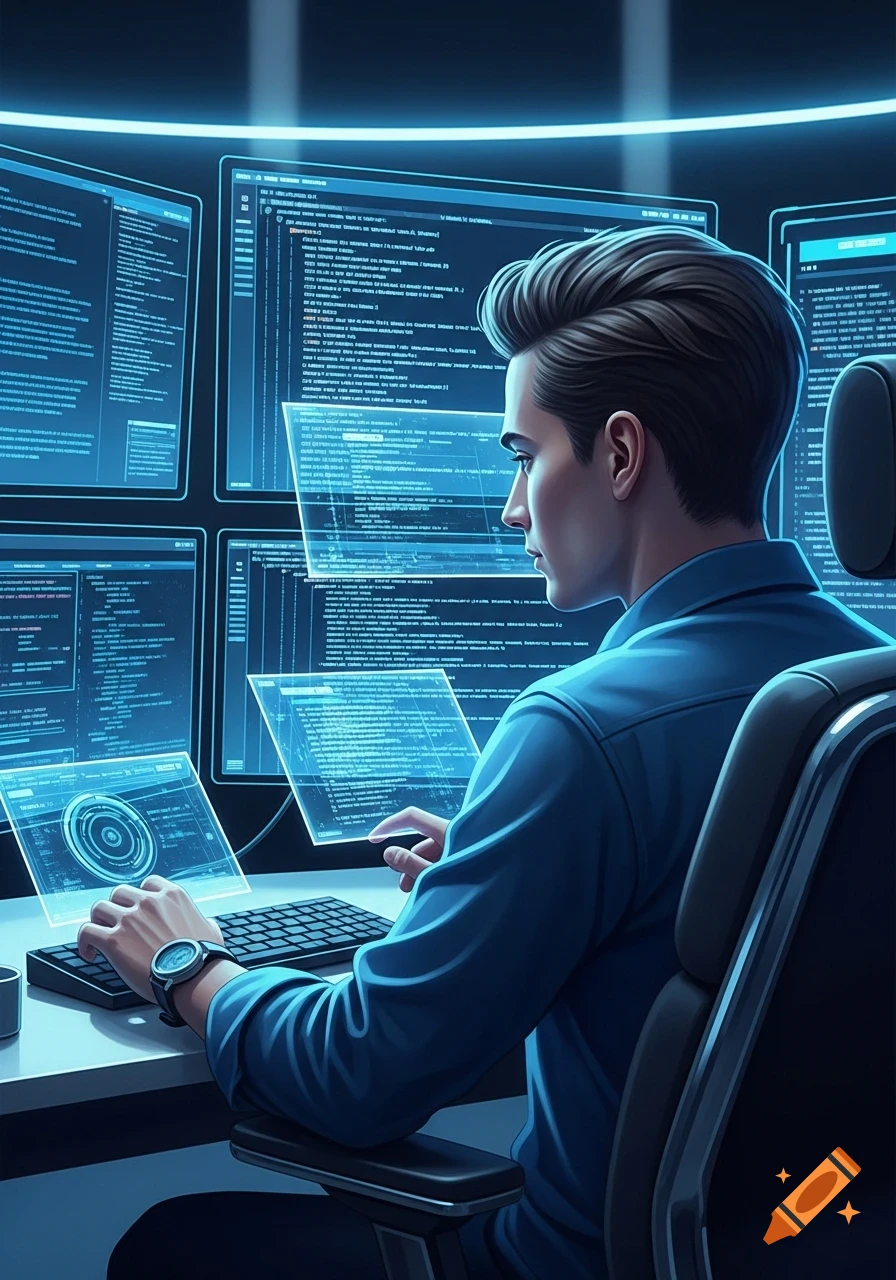 A man with short hair sits at a desk, surrounded by multiple glowing blue computer screens and holographic displays, appearing to code or work in a high-tech setting.