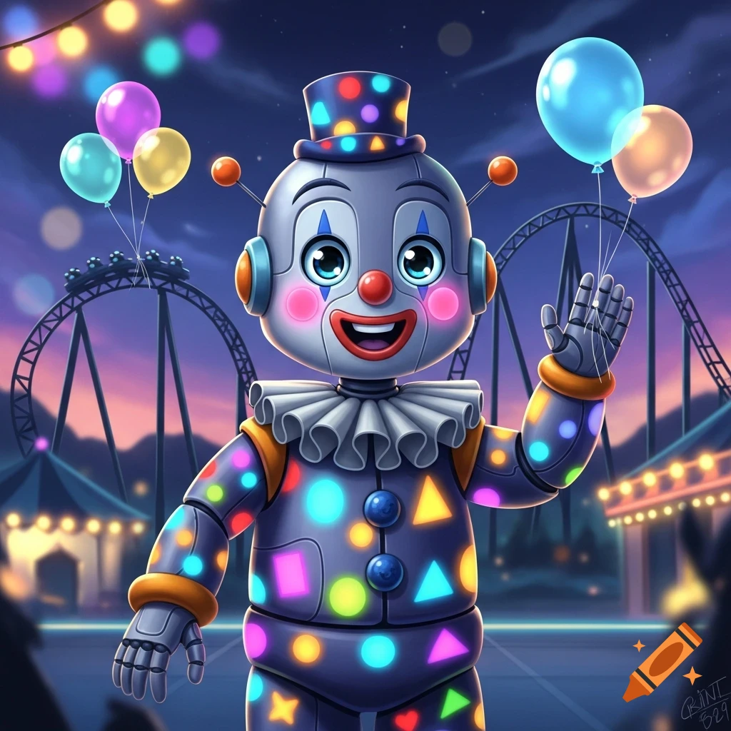 A cheerful, colorful robot clown with balloons waves in a vibrant amusement park setting with a roller coaster and festive lights at dusk.