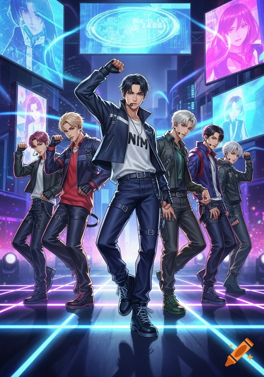 An anime-style K-pop boy group consisting of six members posing on a stage with neon lights and digital screens in the background.