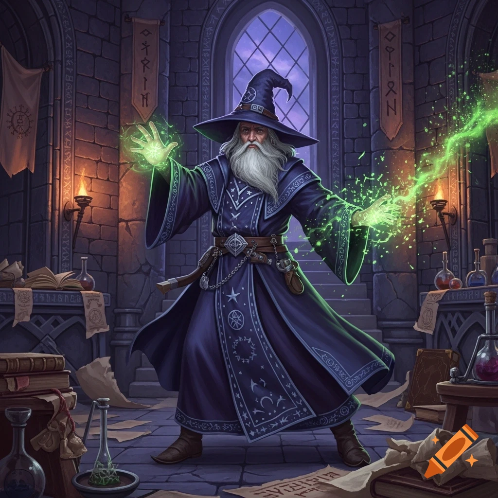 A powerful wizard in a blue robe and pointed hat casts a green glowing spell in a stone-walled magical chamber.