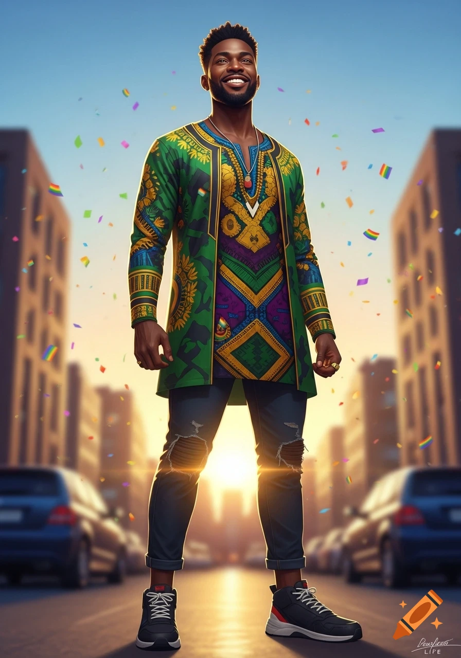 Photorealistic portrait of a smiling Black man in vibrant patterned clothing, standing on a city street with rainbow confetti.