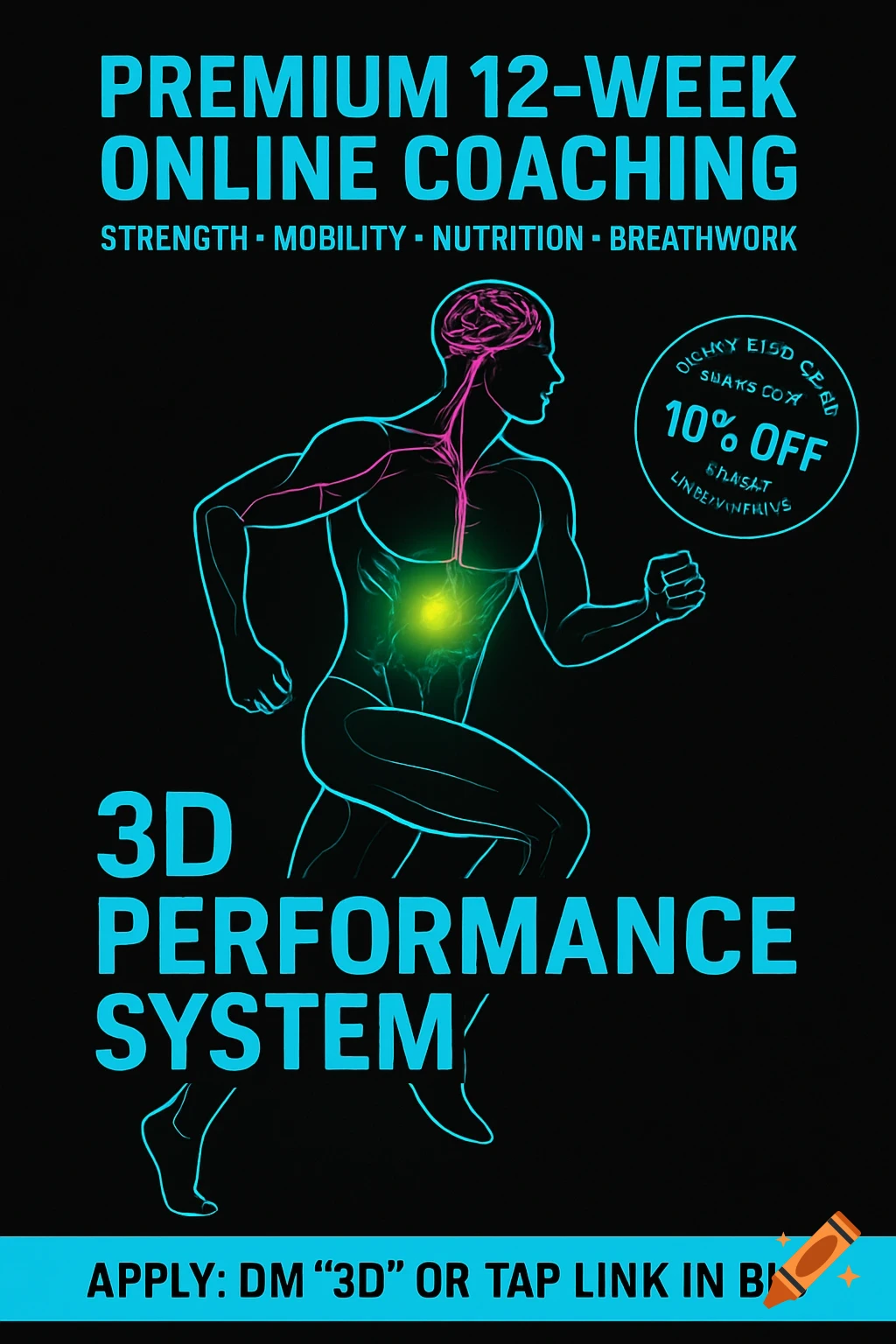 Fitness ad with a neon cyan outline of a running man, highlighting brain, nerves, and core with magenta and green. Text promotes 12-week online coaching and a 3D performance system, with a '10% OFF' badge.