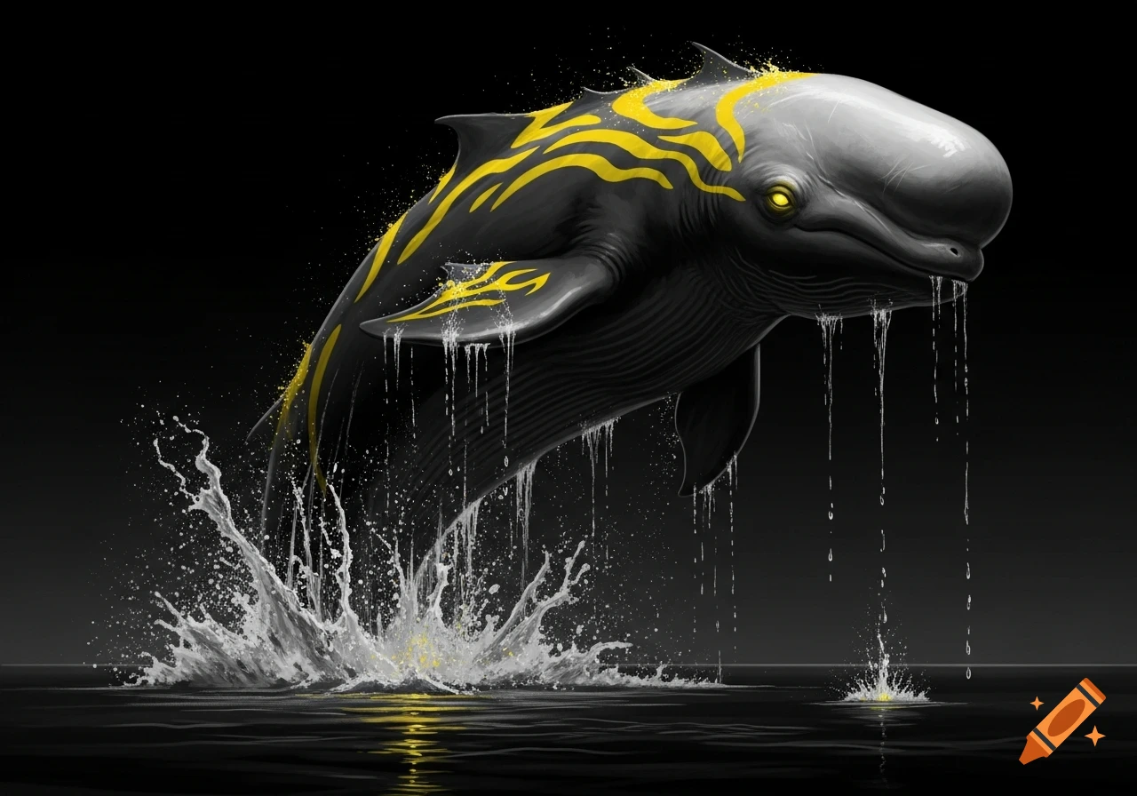 A dark, stylized whale-like creature with glowing yellow eyes and bright yellow tribal patterns jumps from dark water, creating a splash.