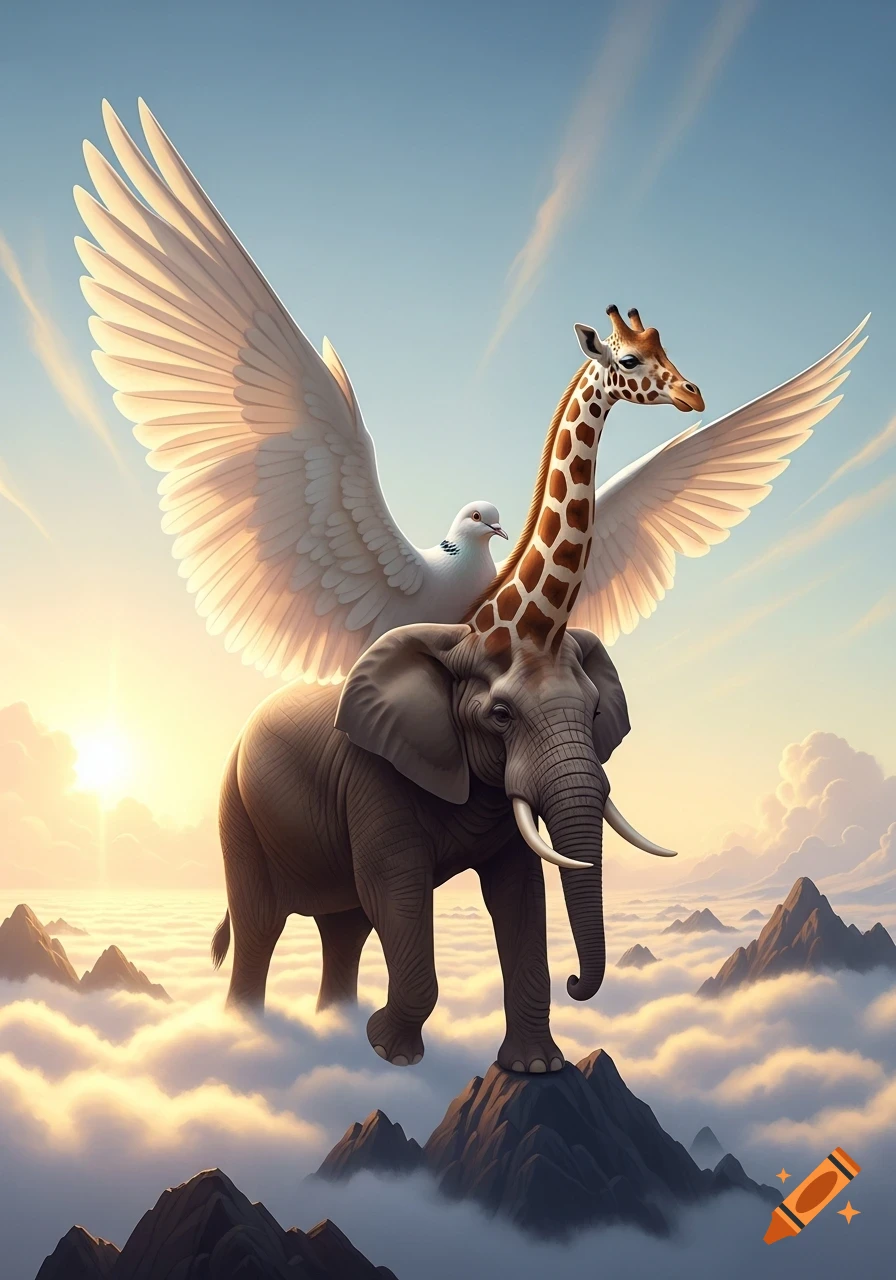 A majestic winged elephant-giraffe hybrid with a dove on its back stands on a mountain peak above clouds at sunrise.