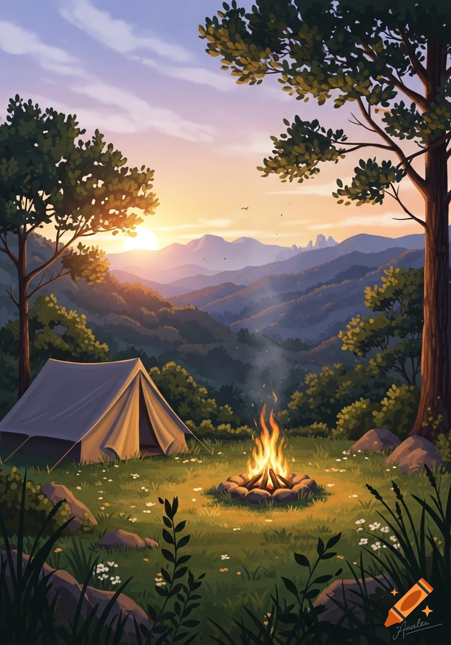 Illustrated camping scene with a tent and campfire in a mountainous forest at sunset.