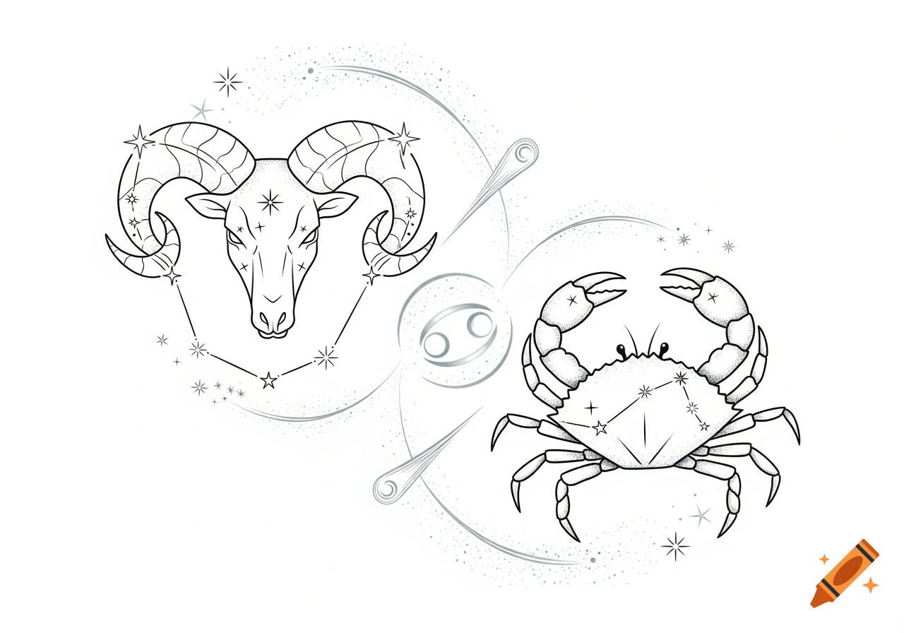 Graceful line art tattoo design featuring the zodiac constellations of Aries the ram and Cancer the crab, with celestial elements.