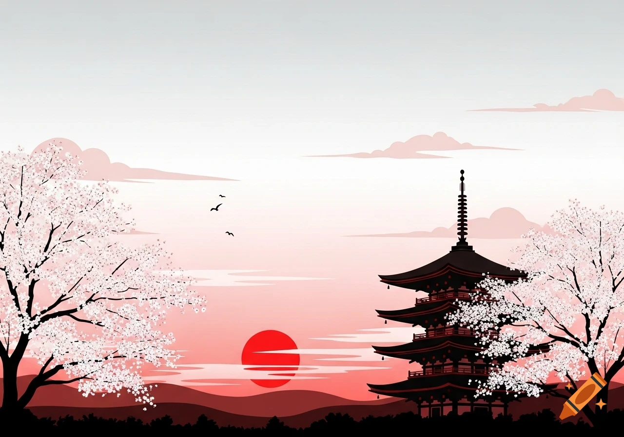 Stylized Japanese landscape with a black pagoda and cherry blossom trees against a red and white sunset.