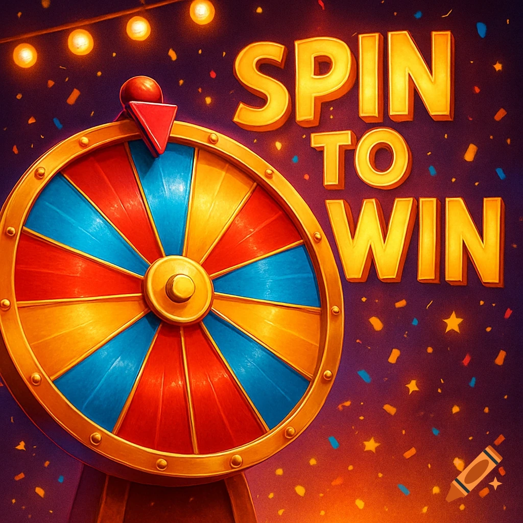 A vibrant, colorful prize wheel with a red pointer, surrounded by falling confetti and glowing string lights. Bold gold text reads "SPIN TO WIN" behind the wheel.