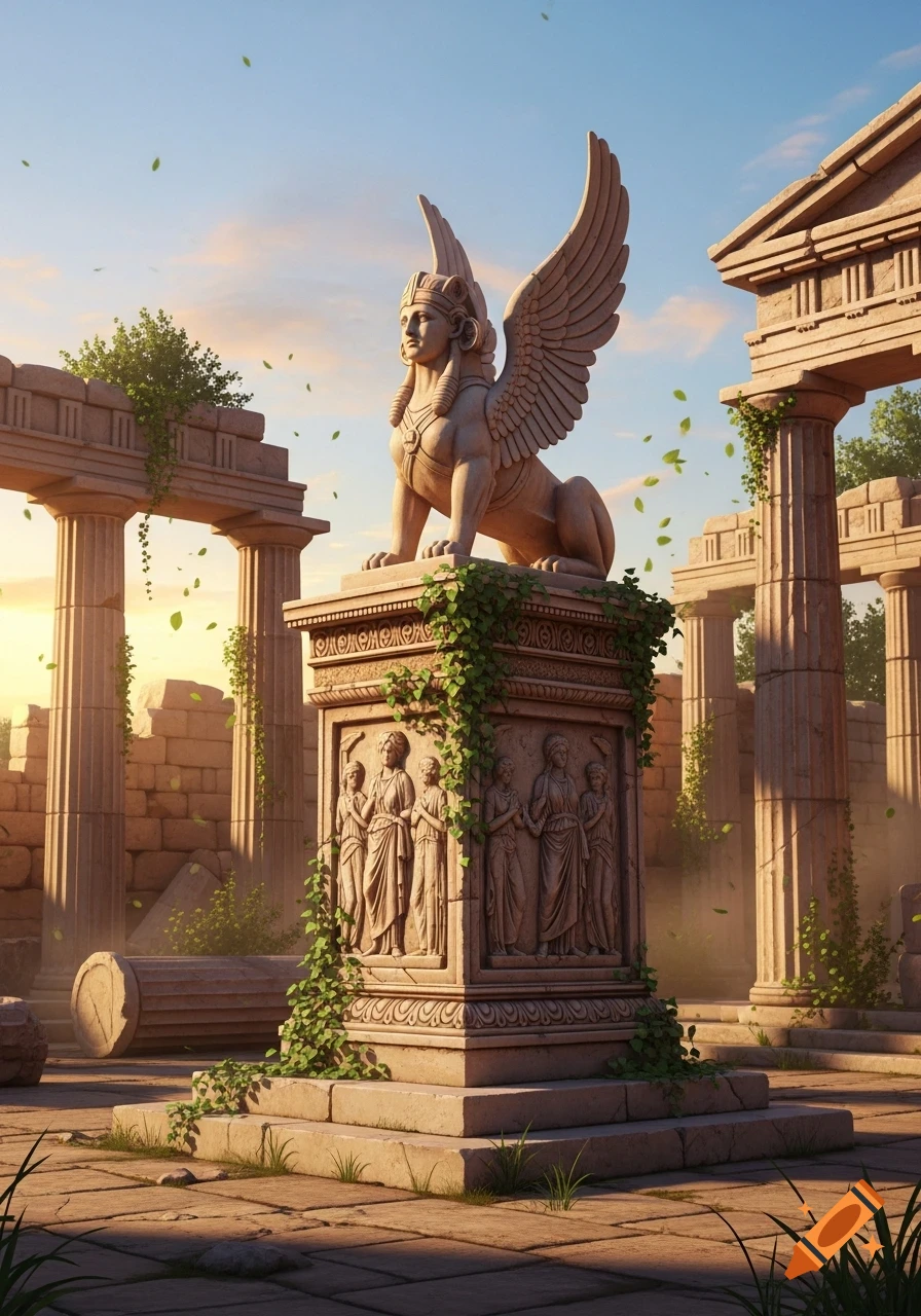 A stone statue of a winged sphinx on a pedestal amidst ancient Greek ruins bathed in golden light.