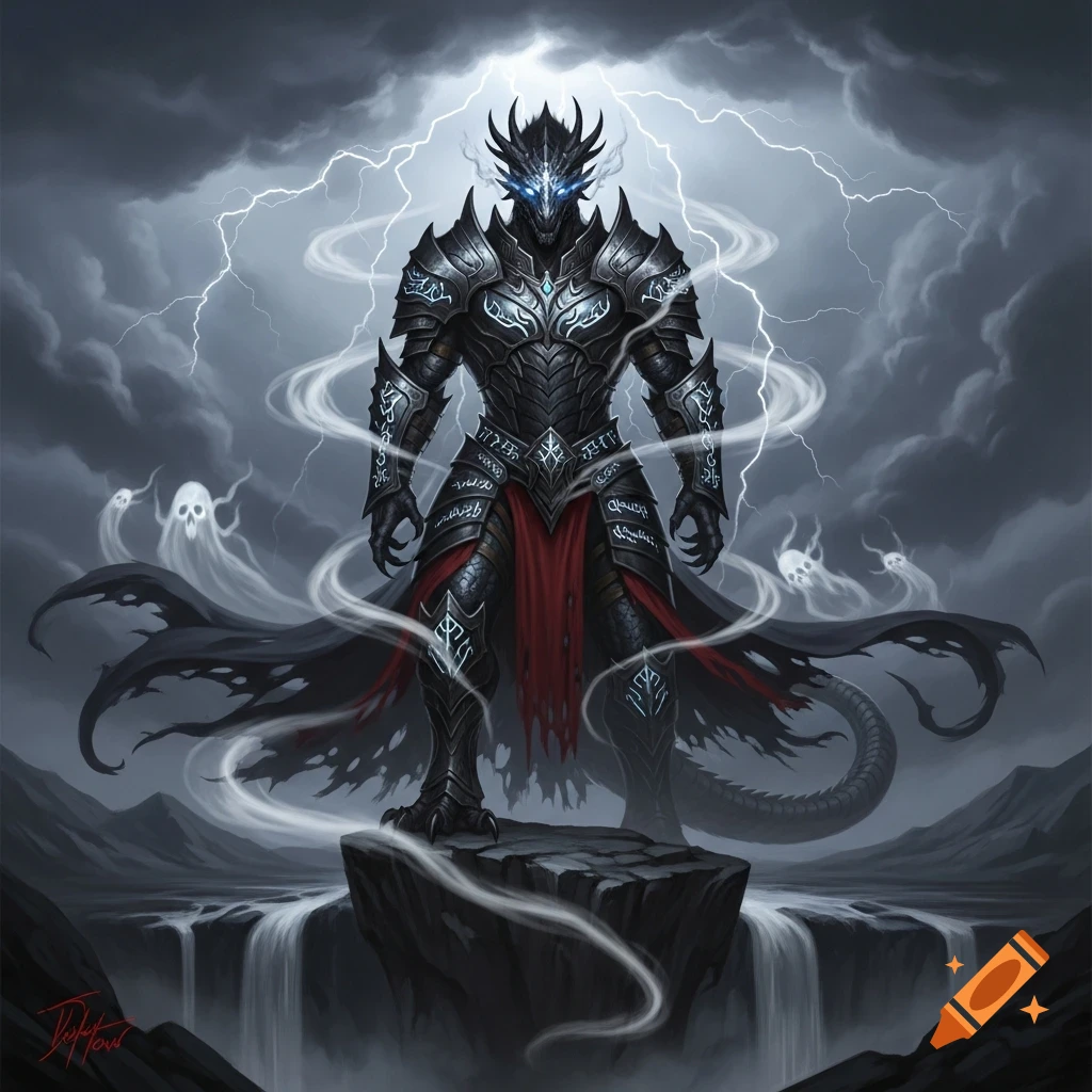 Powerful armored dragonborn warrior stands on a rock amid a stormy sky with lightning and ghostly figures in a dark fantasy style.