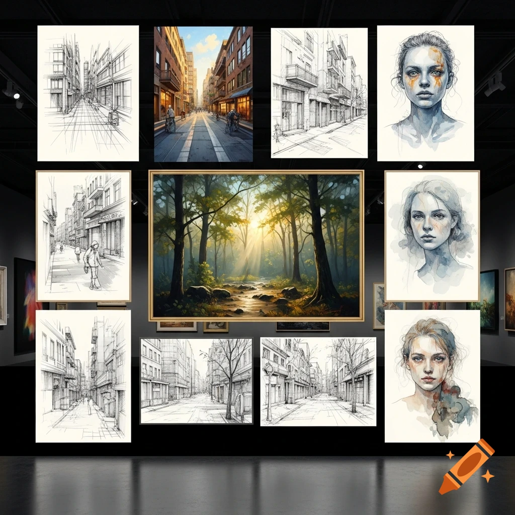 An art gallery wall displaying multiple framed artworks, including urban sketches, watercolor portraits, and a vibrant forest landscape painting.