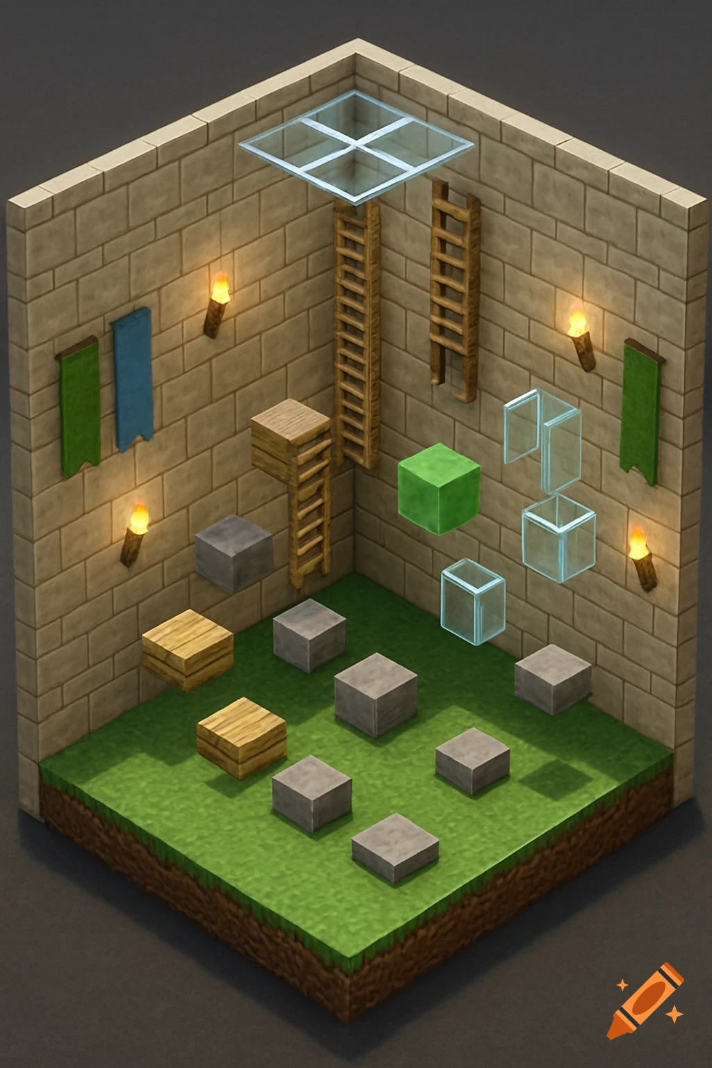 Isometric view of a blocky Minecraft-style parkour room with ladders, stone, wood, and green blocks on a grass floor.