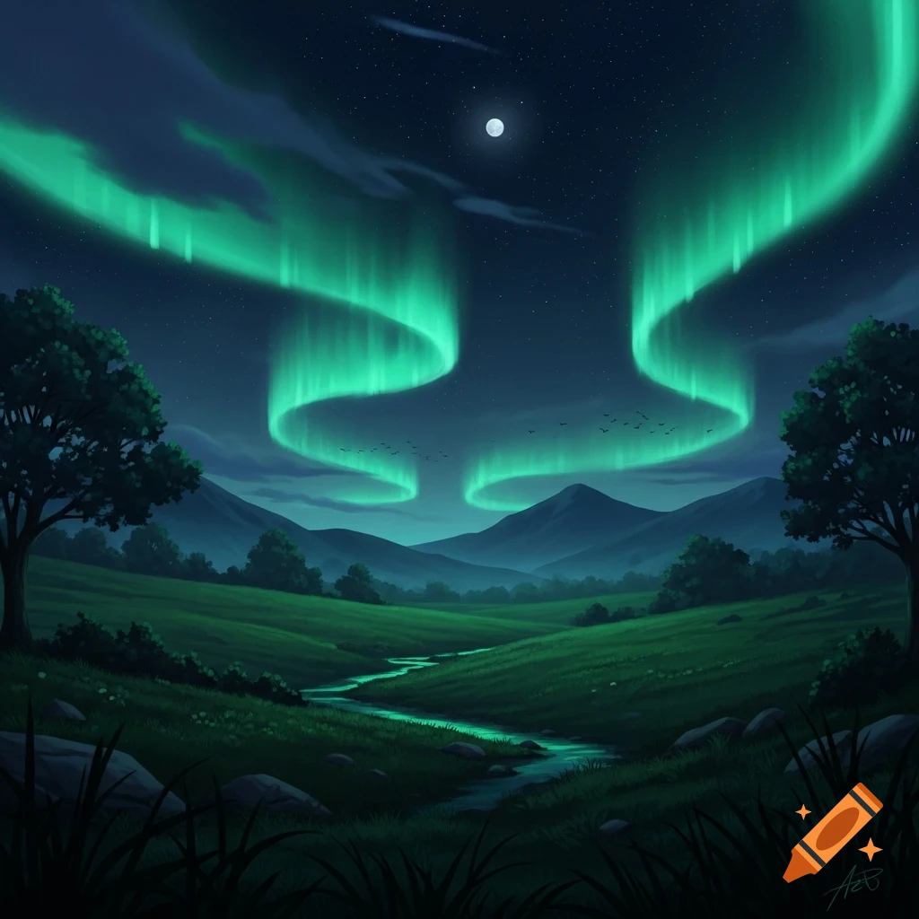 Vibrant green aurora borealis illuminates a night landscape with rolling hills, a winding river, and mountains under a full moon, in an illustrative style.