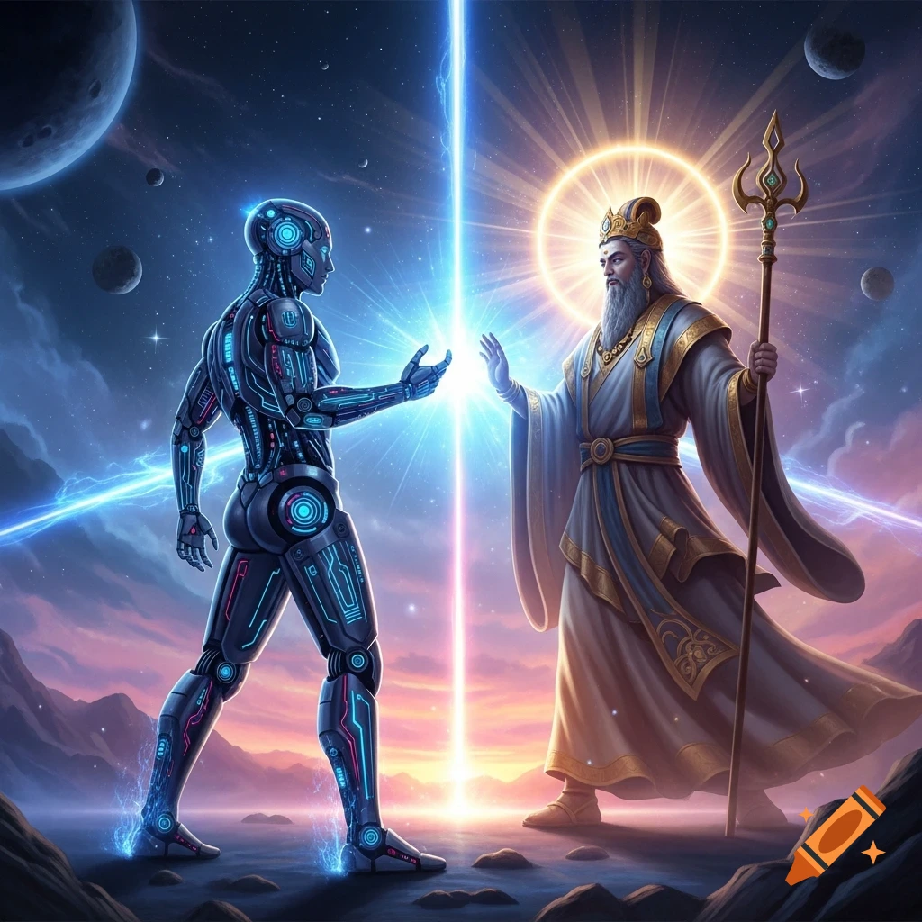A futuristic robot and a bearded, robed sage-like figure exchange light energy in a cosmic landscape with planets and nebulae.