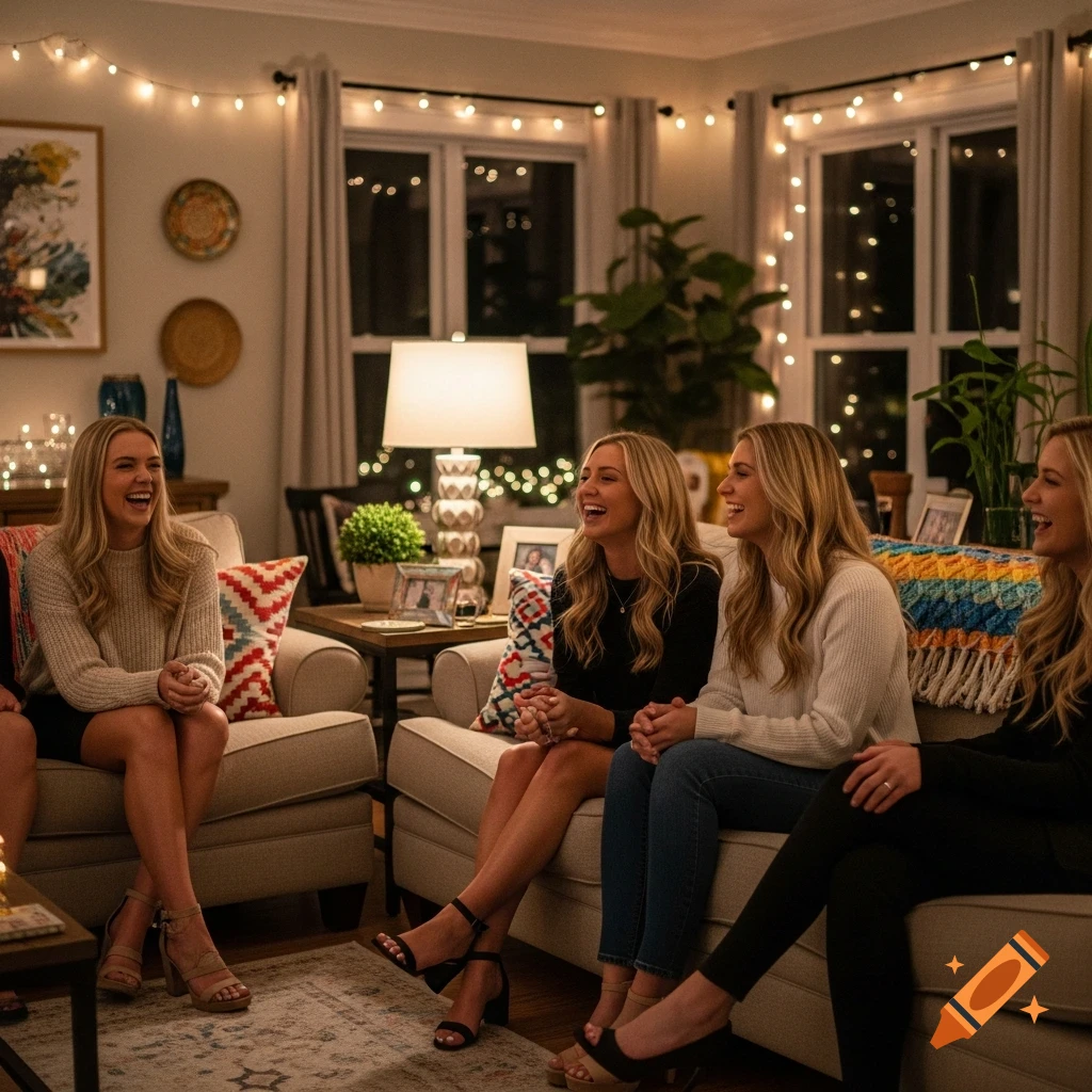 Group of young women laughing joyfully in a warmly lit living room at night.