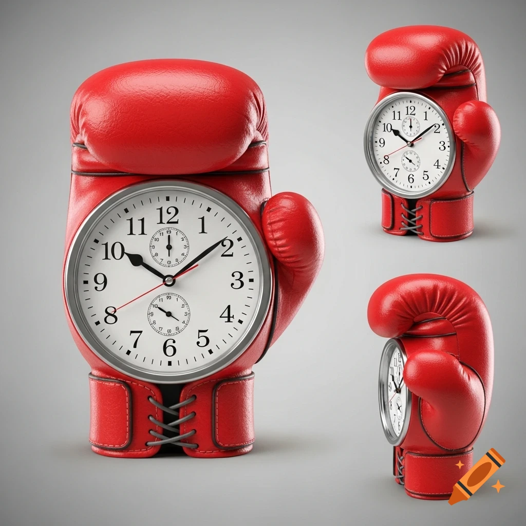 Red boxing glove with a white clock face integrated into the punching surface, shown from various angles on a grey background.