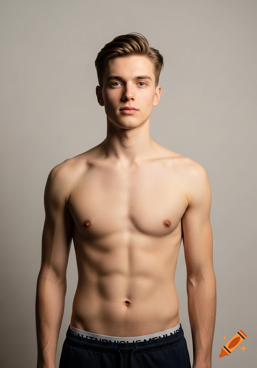 Photorealistic portrait of a young man with light skin and short hair, shirtless, standing against a neutral background.