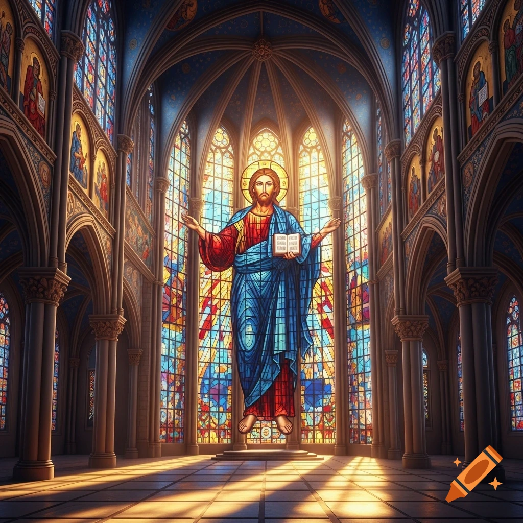 A grand cathedral interior with a large stained glass window depicting Jesus holding a book, illuminated by sunlight.