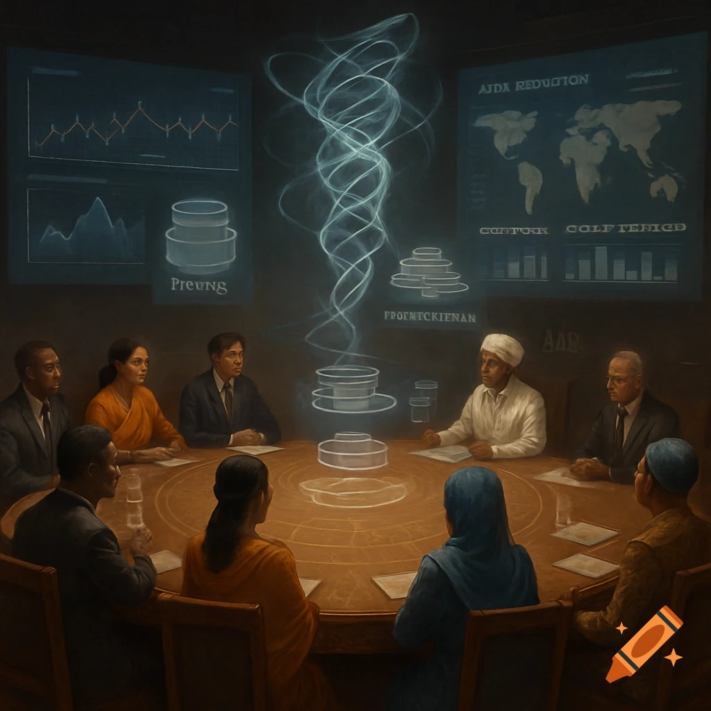 A diverse group of people around a round table, looking at a glowing, swirling holographic projection and data screens showing charts and a world map.