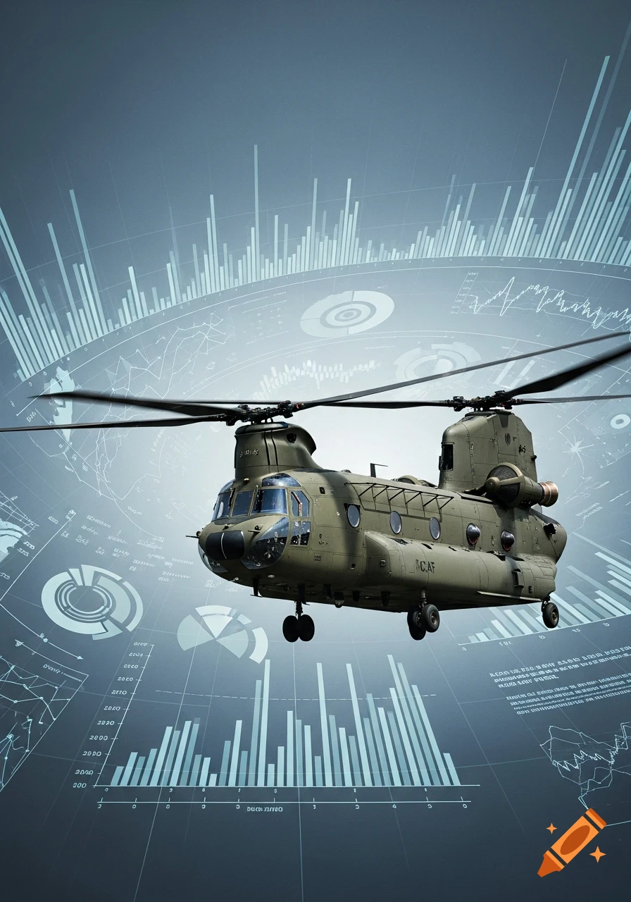 A detailed military green Chinook helicopter flies against a background of translucent blue and grey bar charts, line graphs, and pie charts, symbolizing data analysis.