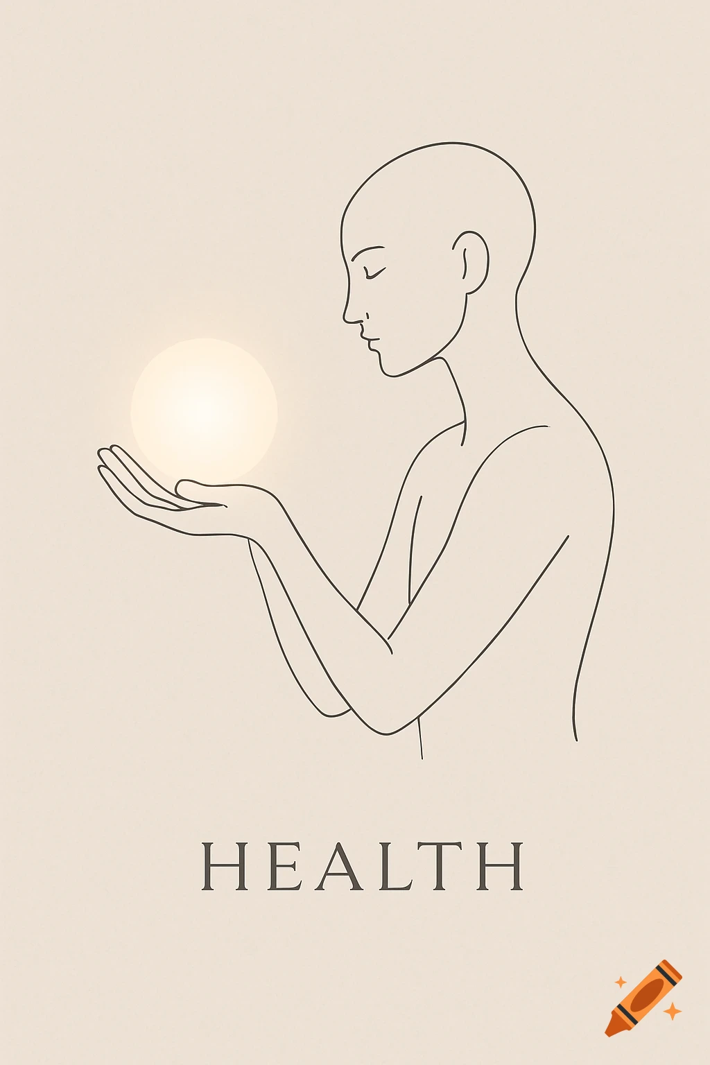 Minimalist line art of a bald figure in profile holding a glowing sphere, with 'HEALTH' text below.