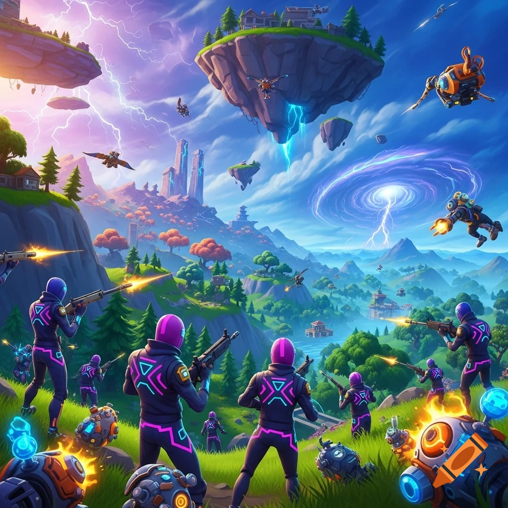 Stylized battle scene in a vibrant fantasy world with floating islands and lightning. Soldiers in neon suits fight with futuristic weapons on grassy hills.