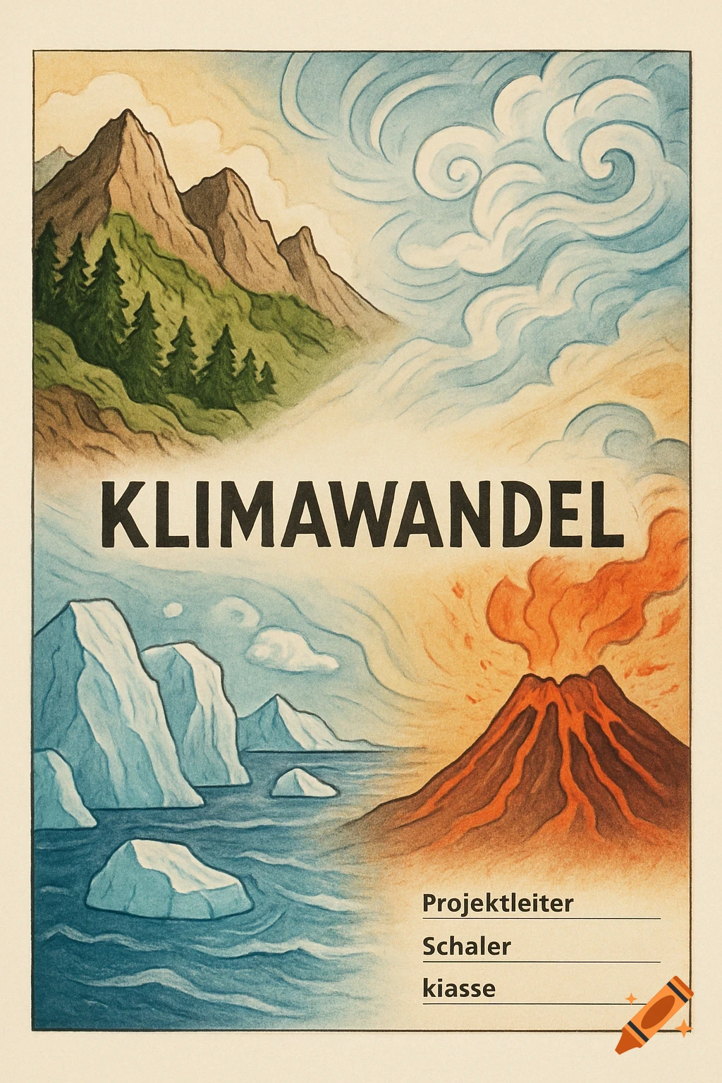 A stylized illustration representing climate change with mountains, trees, clouds, ocean, icebergs, and a volcano. Text reads "KLIMAWANDEL" and "Projektleiter, Schaler, kiasse."