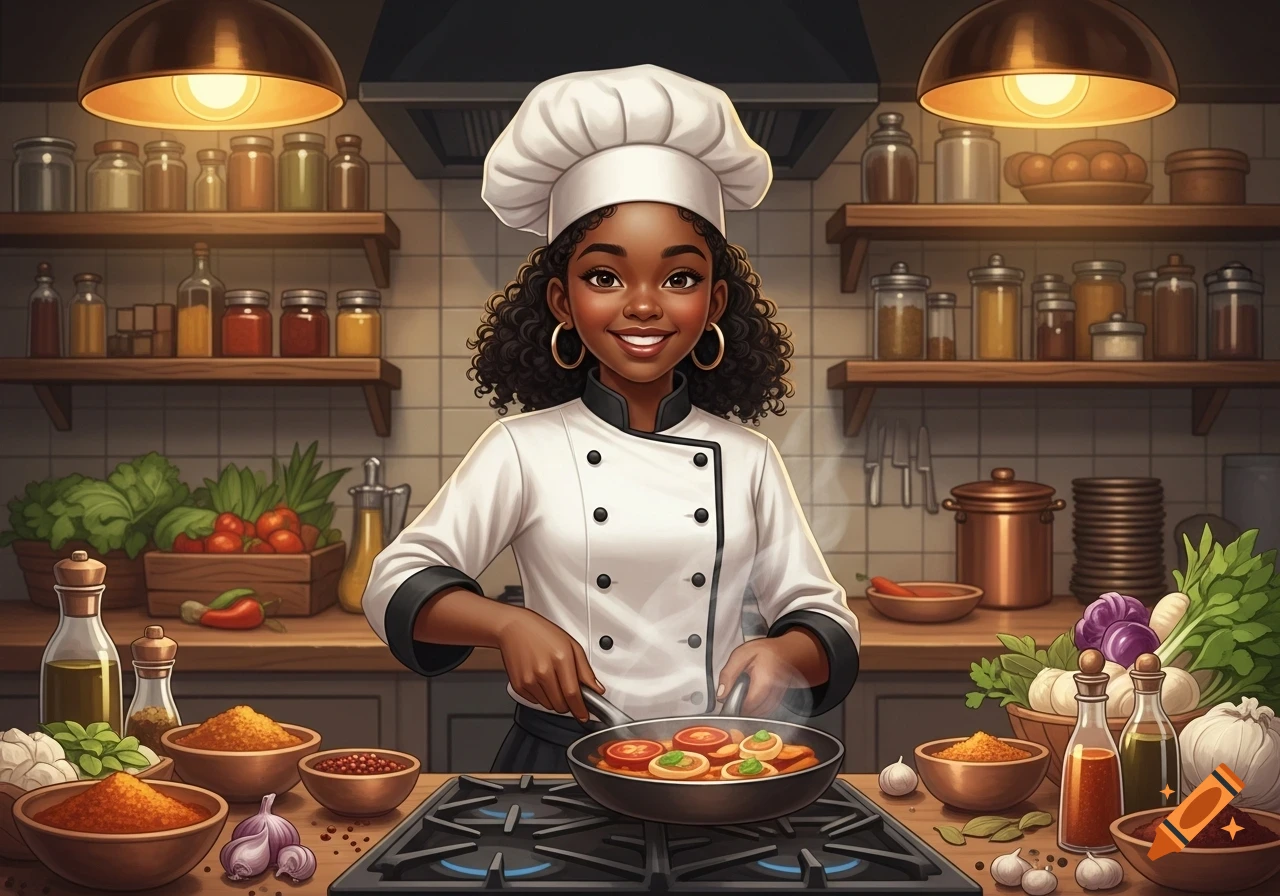 A smiling Black woman chef cooking in a detailed kitchen with spices and fresh vegetables, depicted in an illustration style.
