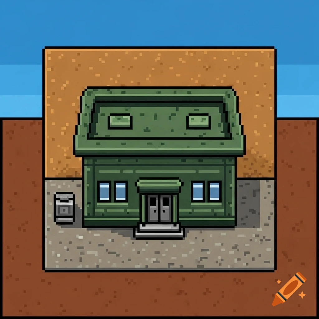 A pixel art illustration of a green barracks building with a gray foundation, set against brown ground and a blue sky.