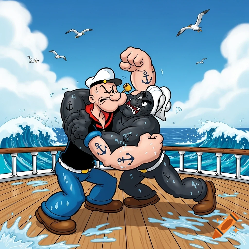 Cartoon Popeye the Sailor man wrestling a dark, muscular, ape-like creature on a ship deck at sea under a blue sky.
