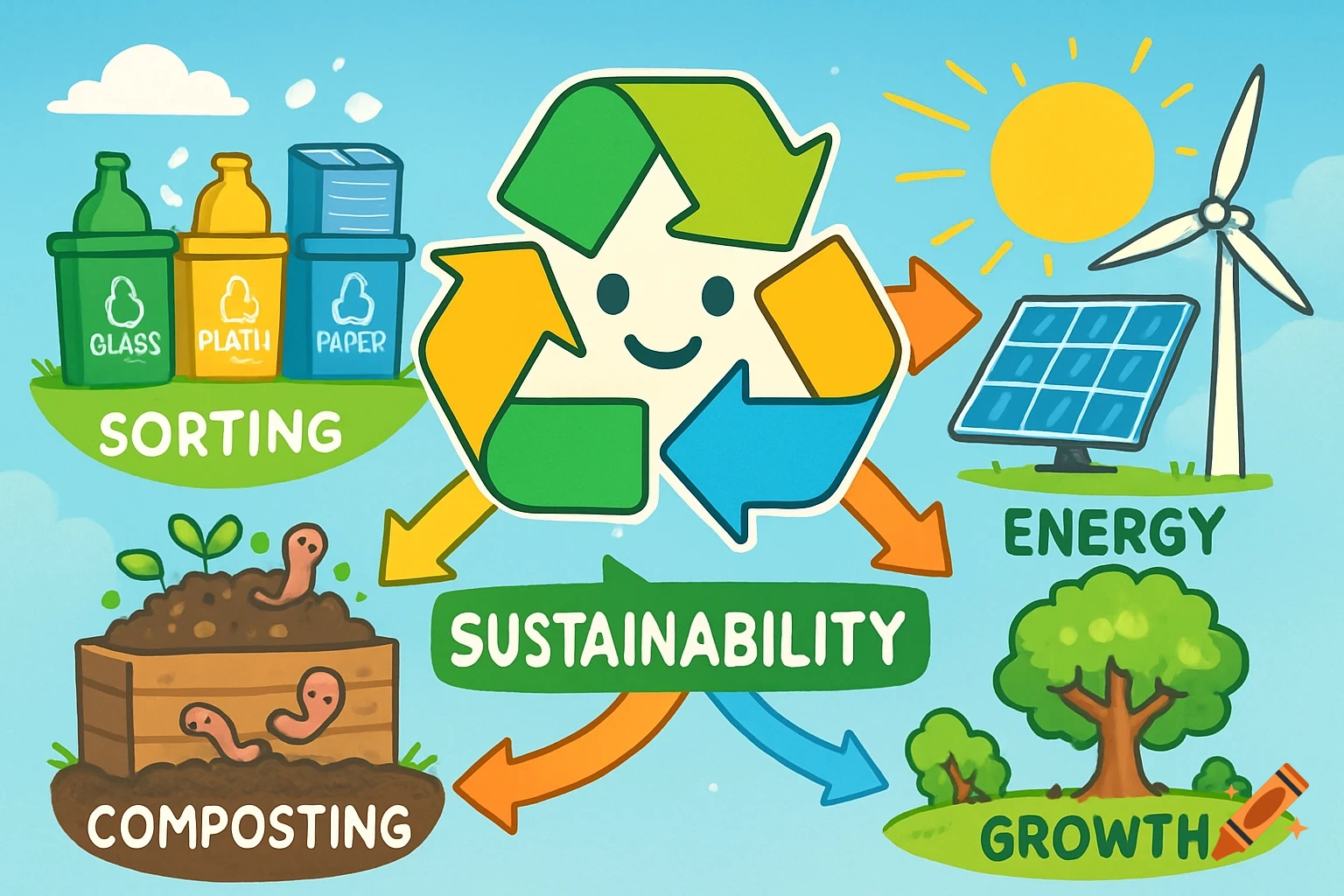 A colorful cartoon diagram illustrating sustainability concepts with a central recycling symbol. Sections include sorting glass, plastic, and paper, composting with worms, generating energy from solar and wind, and tree growth.