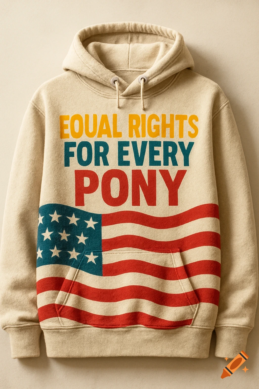A beige hoodie featuring "EQUAL RIGHTS FOR EVERY PONY" text in yellow, blue, and red, above an American flag design.