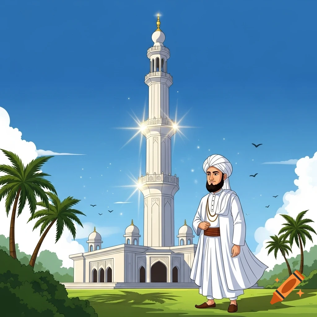 A cartoon man in a white turban and robes stands on a grassy lawn in front of a towering white minaret under a blue sky.