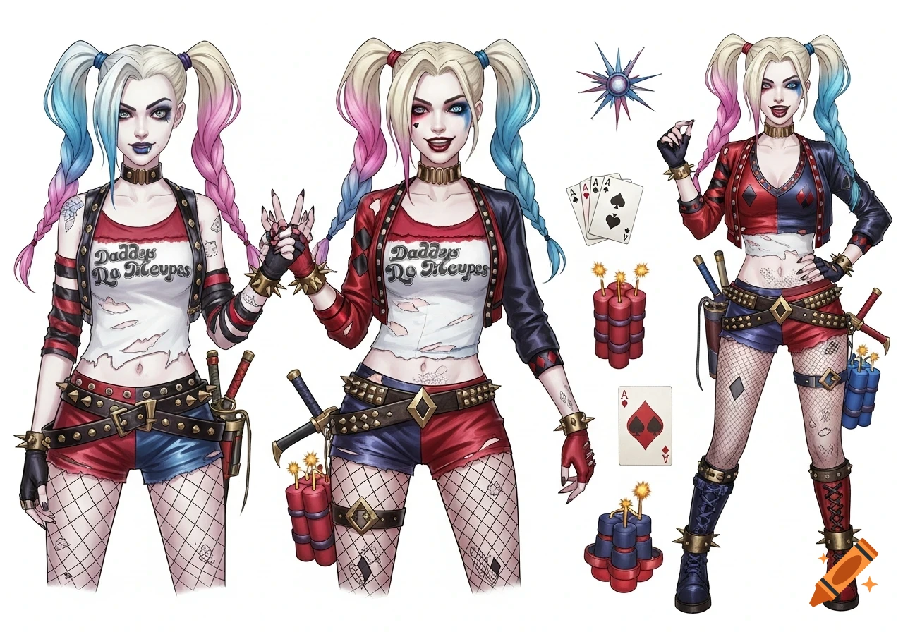 Three comic art designs of a Harley Quinn and Jinx fusion character with pigtails, various outfits, playing cards, and dynamite accessories.