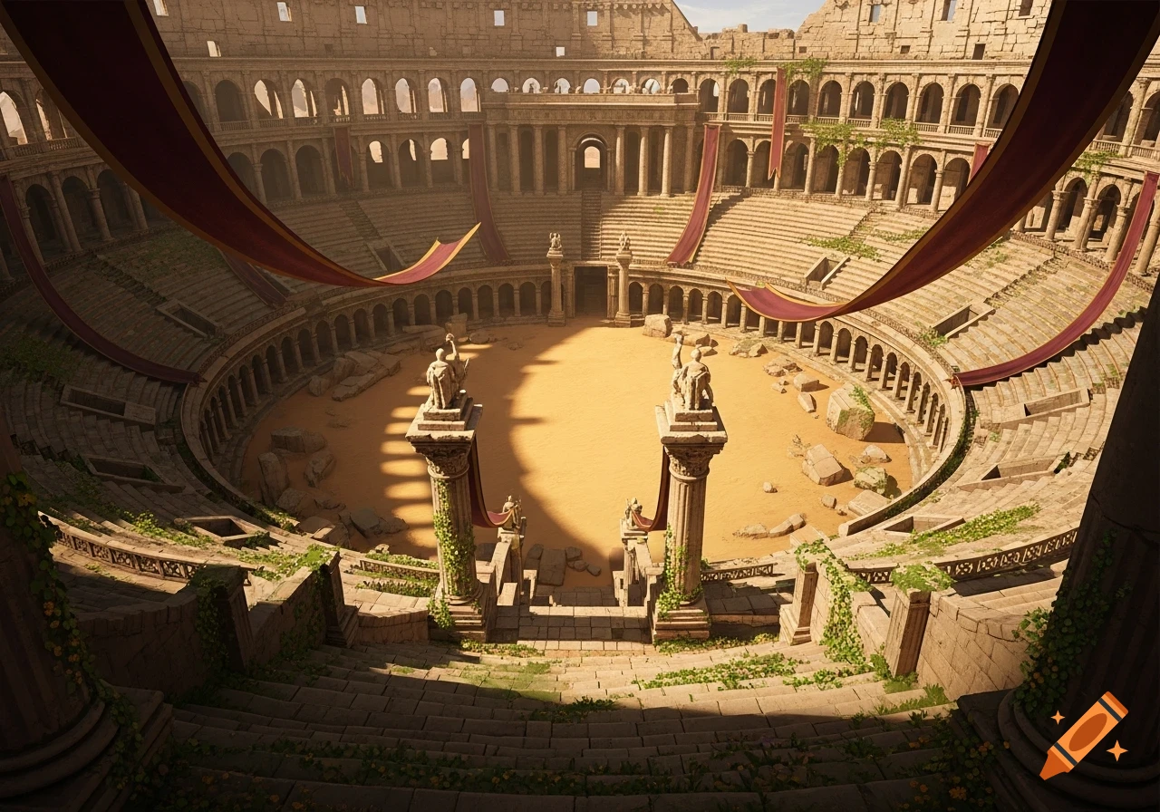 Photorealistic image of an ancient coliseum with sandy ground, stone seating, columns, statues, and draped red fabric.