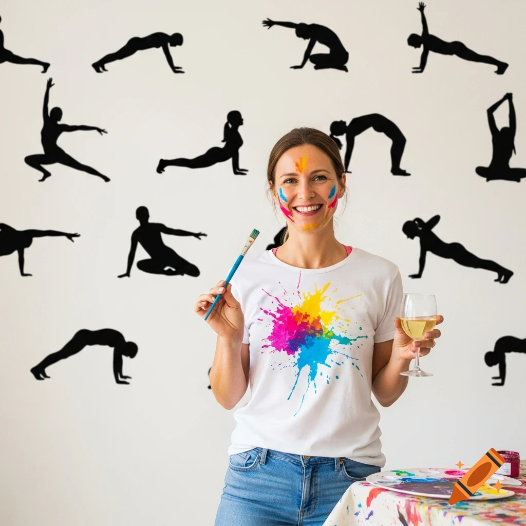 Smiling woman with paint on face, holding a paintbrush and wine glass, standing against a white wall with black yoga silhouettes.