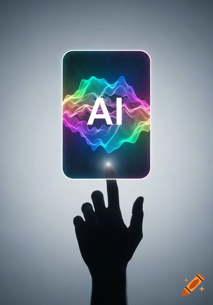 A silhouette of a hand touches a glowing rectangle displaying 'AI' text and colorful sound waves on a dark background.