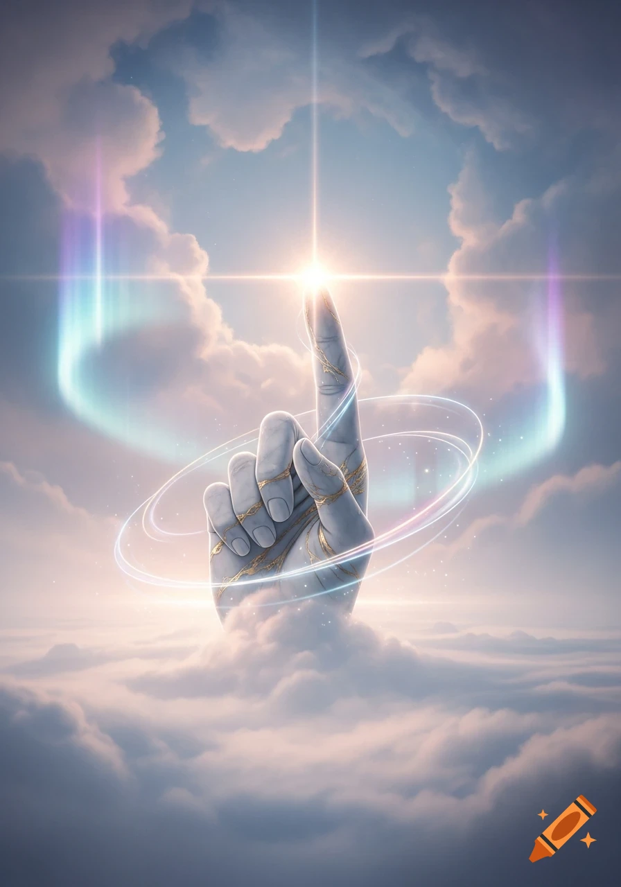 A stylized marble hand with gold veins points skyward from clouds, a bright light shining from its fingertip, surrounded by glowing rings.