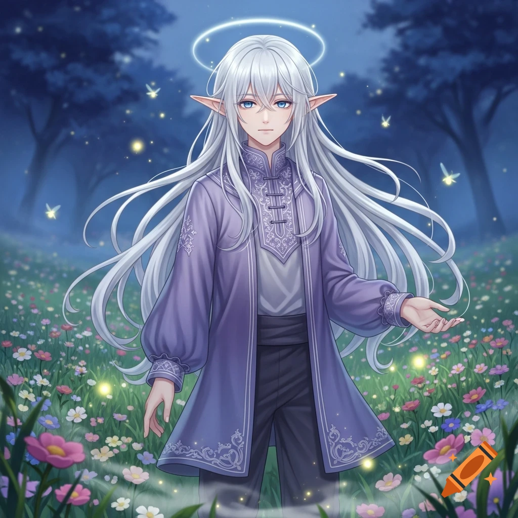 Anime elf boy with long white hair, blue eyes, and a halo, standing in a vibrant field of flowers with glowing butterflies.